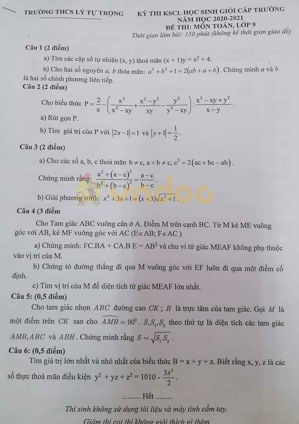 Đề thi chọn học sinh giỏi lớp 9 môn Toán Trường THCS Lý Tự Trọng năm 2020 - 2021