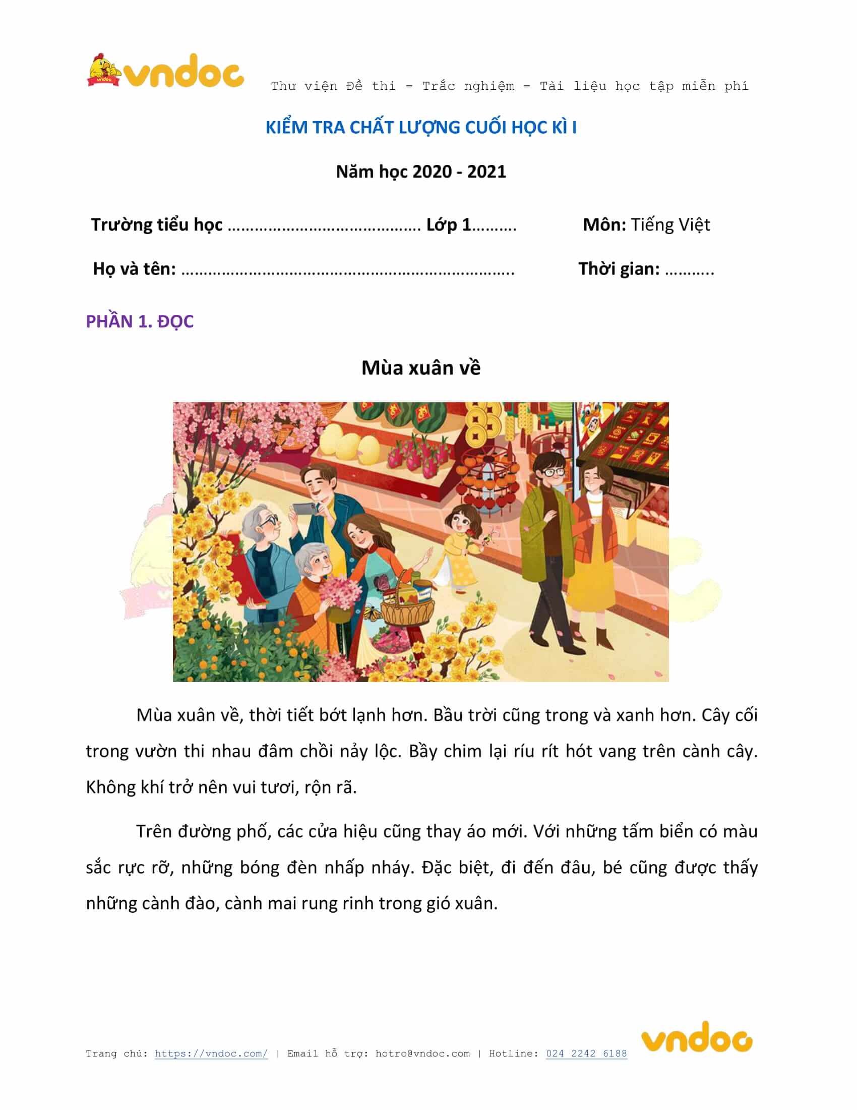 Đề thi học kì 1 lớp 1 môn Tiếng Việt năm 2020-2021 sách Kết nối - Đề 1