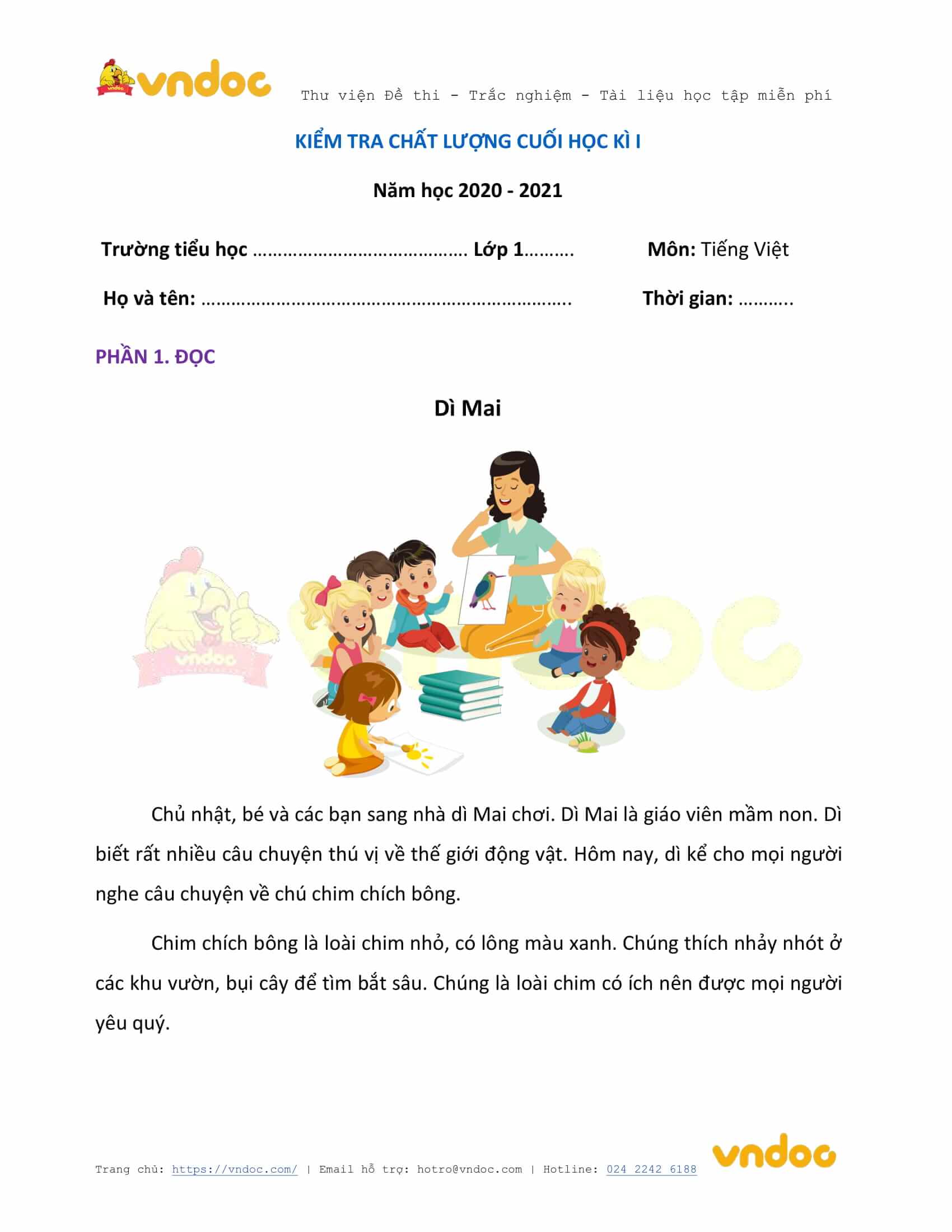 Đề thi học kì 1 lớp 1 môn Tiếng Việt năm 2020-2021 sách Kết nối - Đề 4