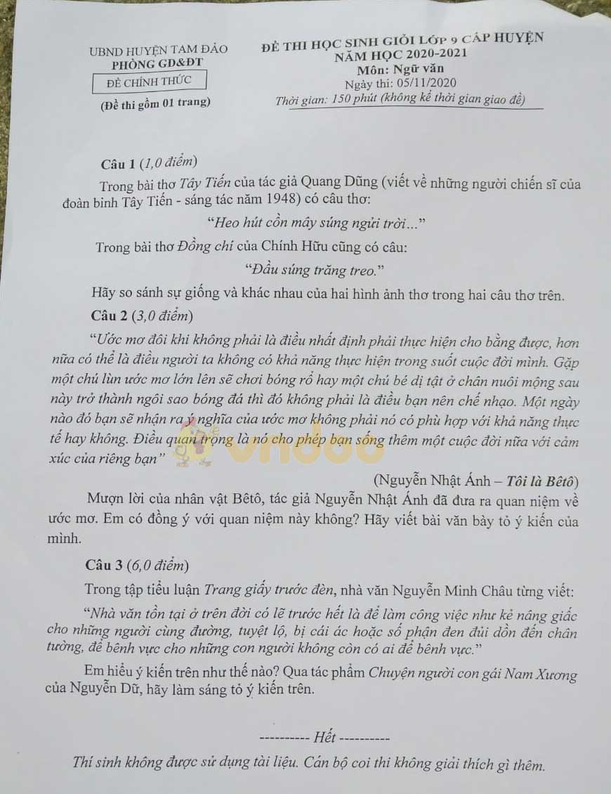 Đề thi chọn học sinh giỏi lớp 9 môn Ngữ văn Phòng GD&ĐT huyện Tam Đảo năm 2020 - 2021