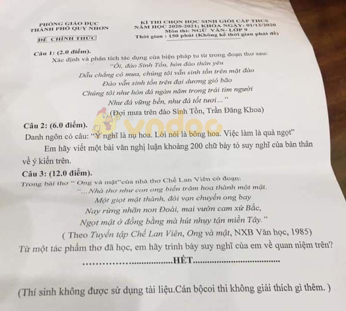 Đề thi chọn học sinh giỏi lớp 9 môn Ngữ văn Phòng GD&ĐT TP Quy Nhơn năm 2020 - 2021