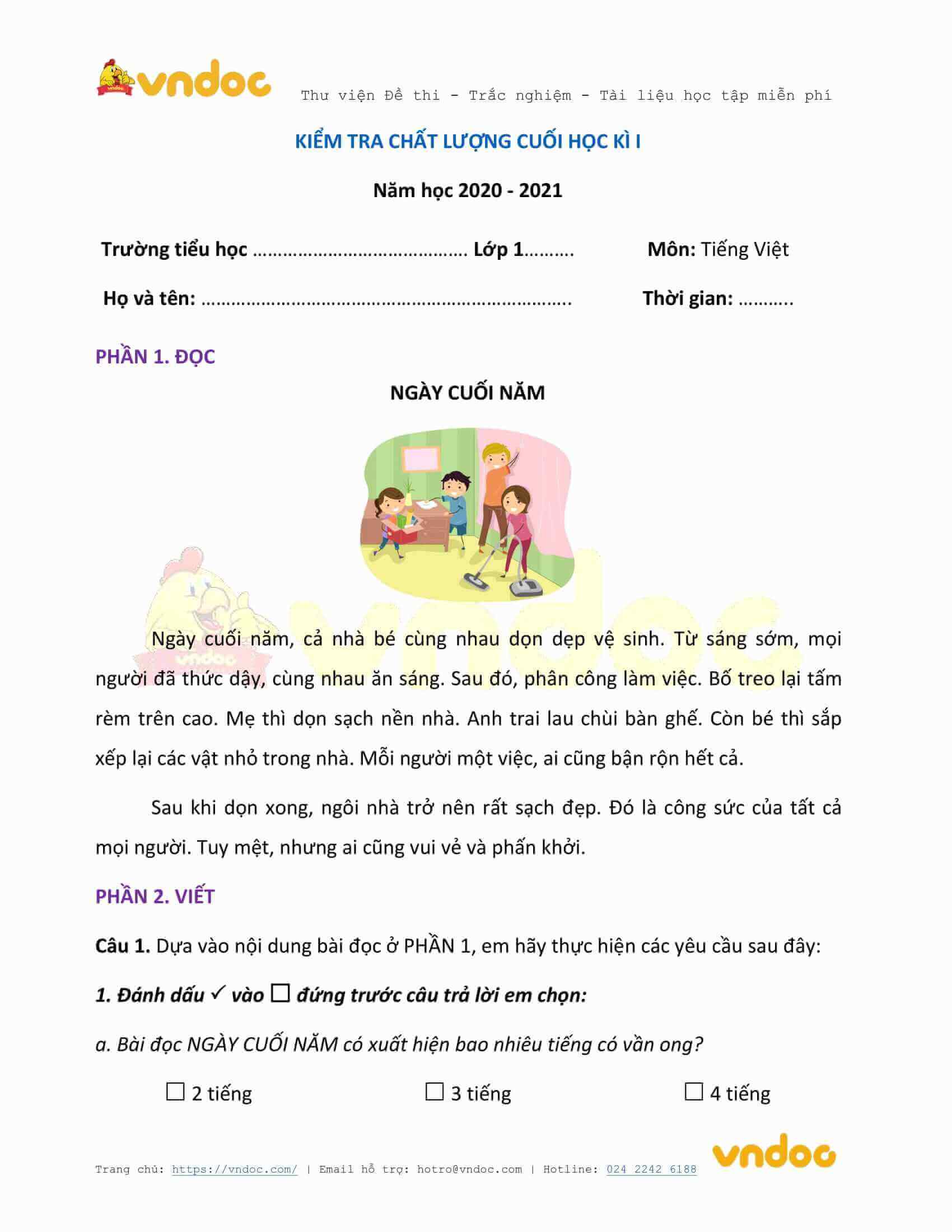 Đề thi học kì 1 lớp 1 môn Tiếng Việt năm 2020-2021 sách Chân trời - Đề 3