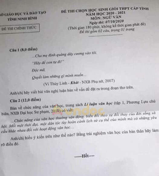 Đề thi hsg Văn 12 năm 2020 tỉnh Ninh Bình