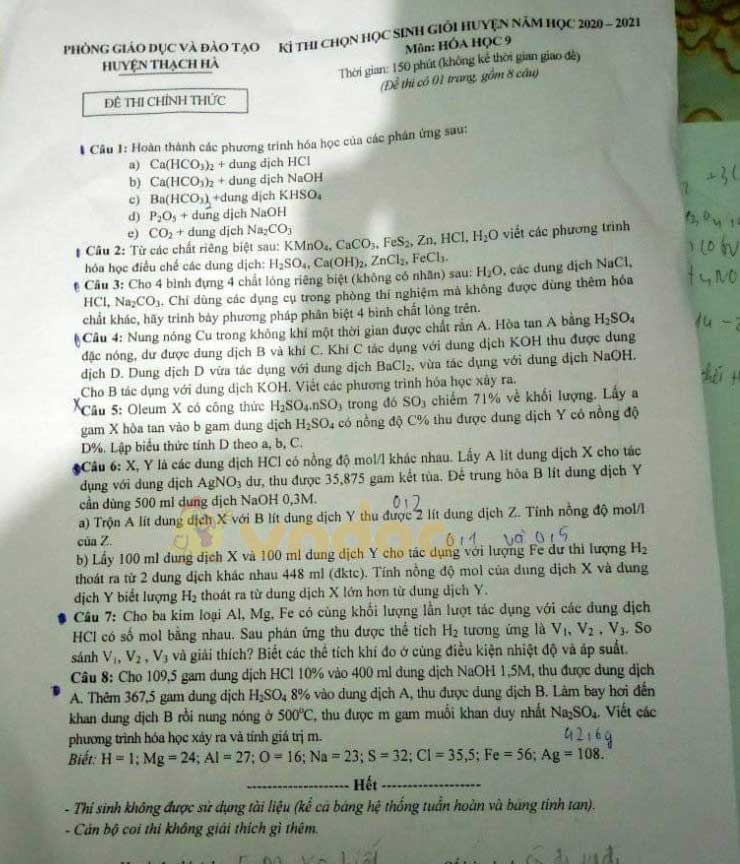Đề thi chọn học sinh giỏi lớp 9 môn Hóa học Phòng GD&ĐT huyện Thạch Hà năm 2020 - 2021