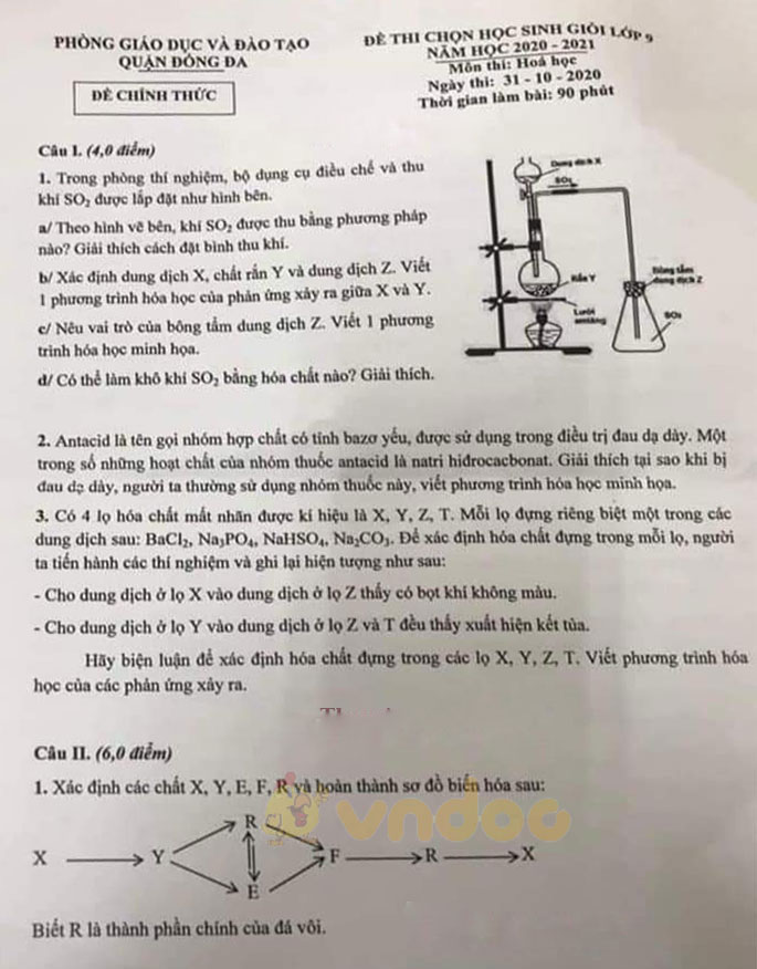 Đề thi chọn học sinh giỏi lớp 9 môn Hóa học Phòng GD&ĐT quận Đống Đa năm 2020 - 2021