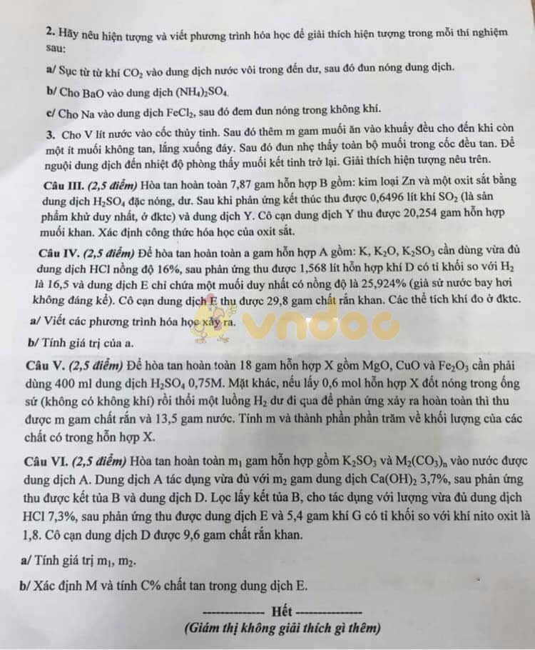 Đề thi chọn học sinh giỏi lớp 9 môn Hóa học Phòng GD&ĐT quận Đống Đa năm 2020 - 2021