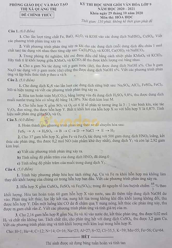 Đề thi chọn học sinh giỏi lớp 9 môn Hóa học Phòng GD&ĐT thị xã Quảng Trị năm 2020 - 2021
