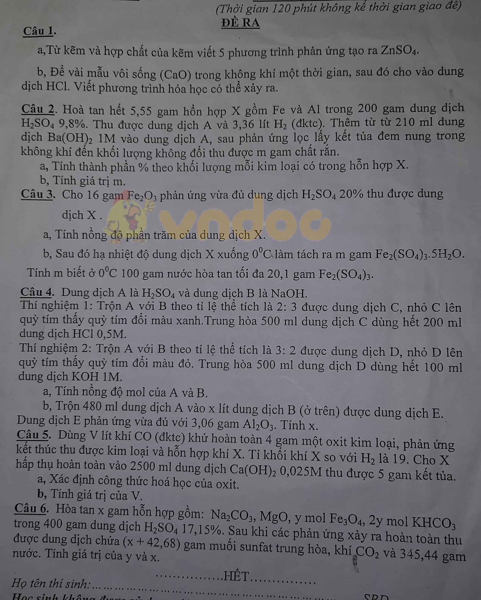 Đề thi chọn học sinh giỏi lớp 9 môn Hóa học Phòng GD&ĐT TP Hà Tĩnh năm 2020 - 2021
