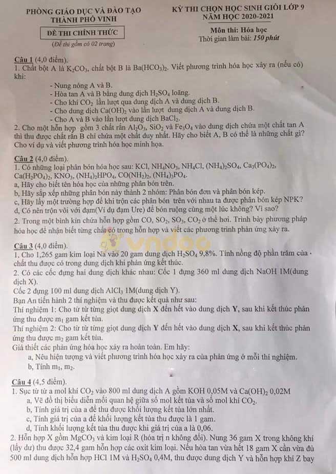 Đề thi chọn học sinh giỏi lớp 9 môn Hóa học Phòng GD&ĐT TP Vinh năm 2020 - 2021