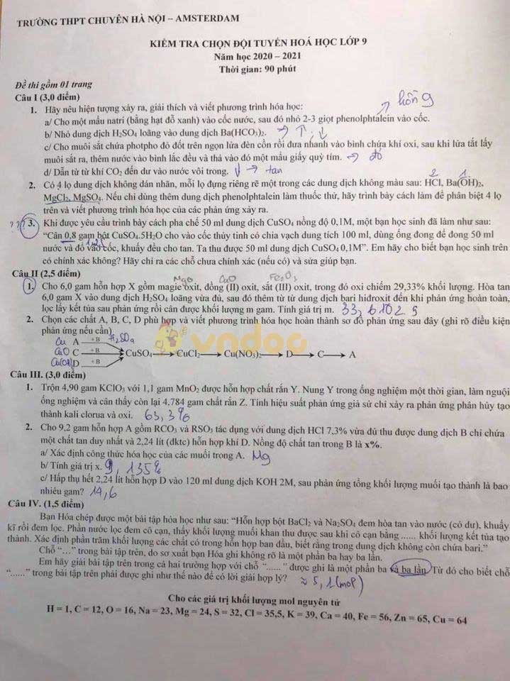 Đề thi chọn học sinh giỏi lớp 9 môn Hóa học Trường Chuyên Hà Nội Amsterdam năm 2020 - 2021 (vòng 1)