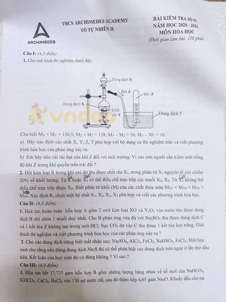Đề thi chọn học sinh giỏi lớp 9 môn Hóa học Trường THCS Archimedes năm 2020 - 2021
