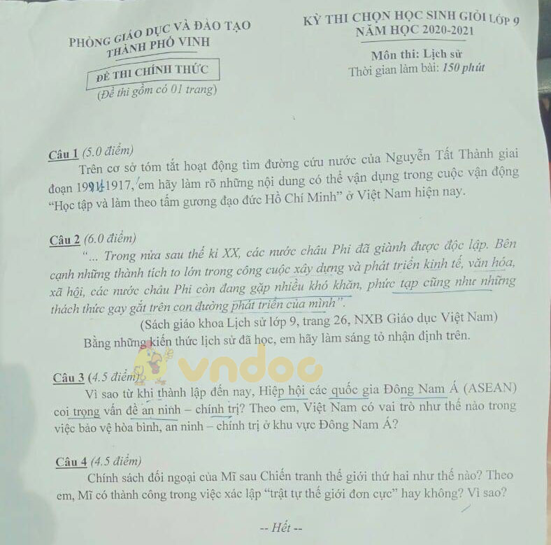 Đề thi chọn học sinh giỏi lớp 9 môn Lịch sử Phòng GD&ĐT TP Vinh năm 2020 - 2021