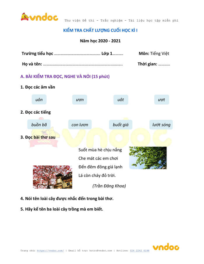 Đề thi học kì 1 lớp 1 môn Tiếng Việt năm 2020-2021 sách Cùng học - Đề 1
