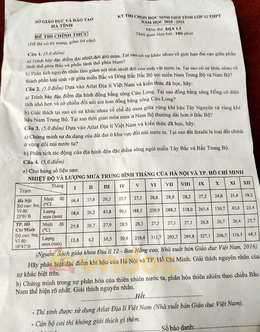 Đề thi hsg Địa 12 năm 2020 tỉnh Hà Tĩnh