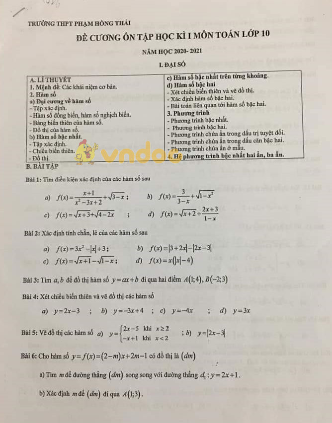 Đề cương ôn thi học kì 1 lớp 10 môn Toán Trường THPT Phạm Hồng Thái năm 2020 - 2021
