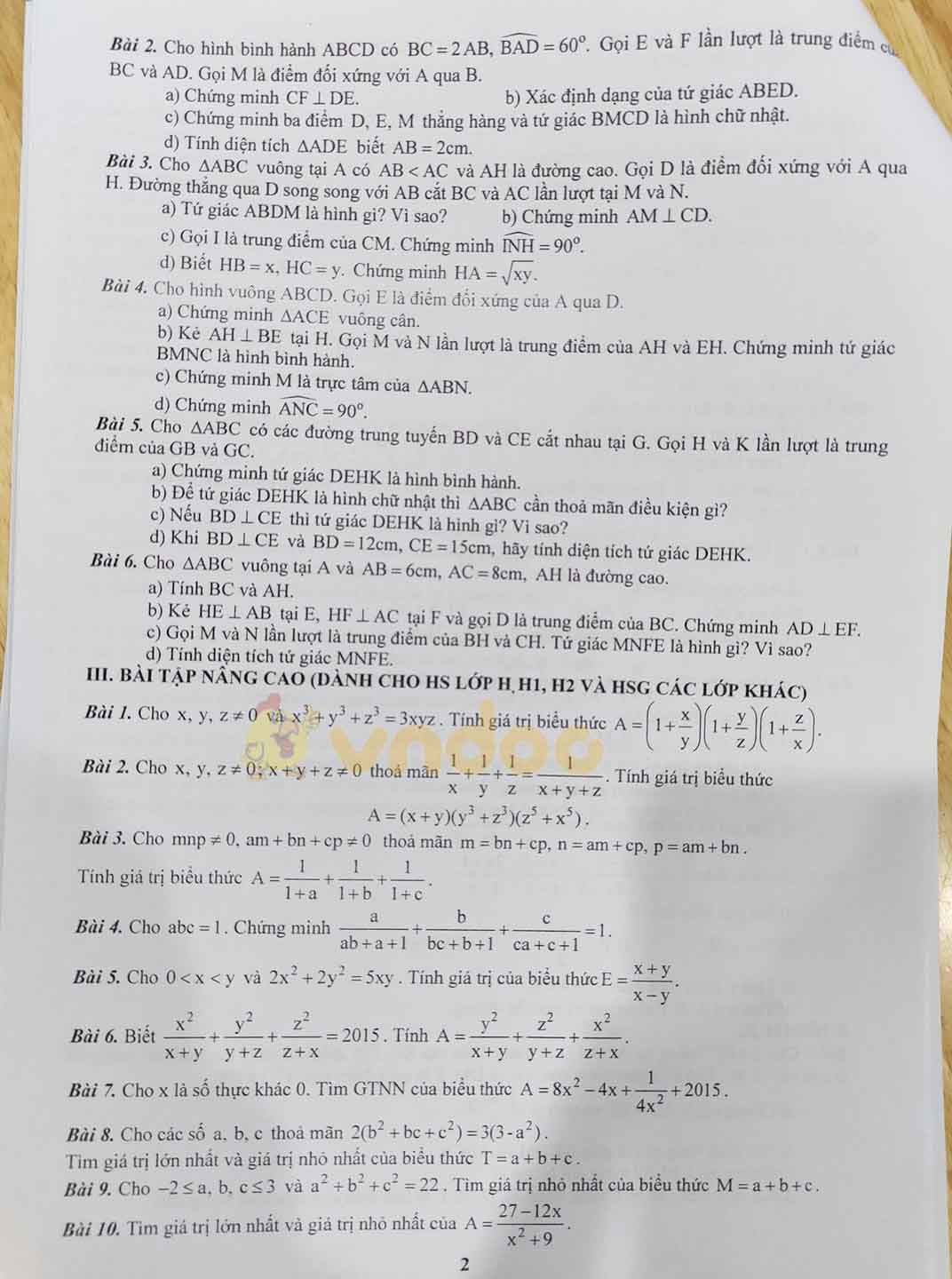 Đề cương ôn thi học kì 1 lớp 8 môn Toán Trường THCS Trưng Vương năm 2020 - 2021