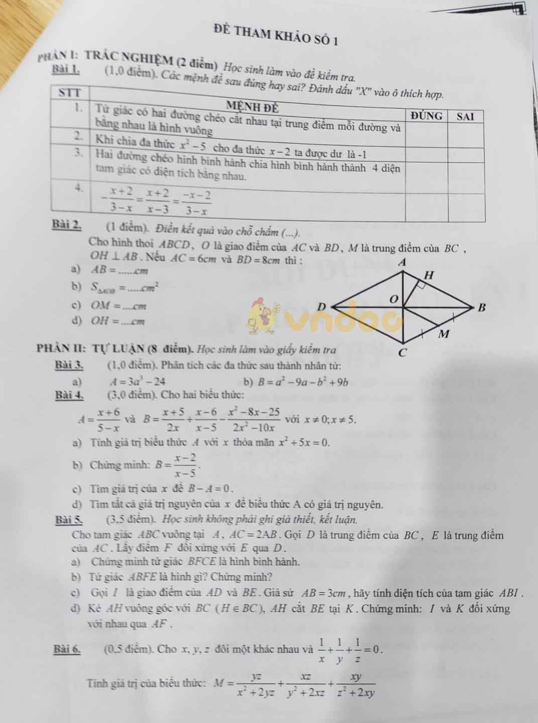 Đề cương ôn thi học kì 1 lớp 8 môn Toán Trường THCS Trưng Vương năm 2020 - 2021