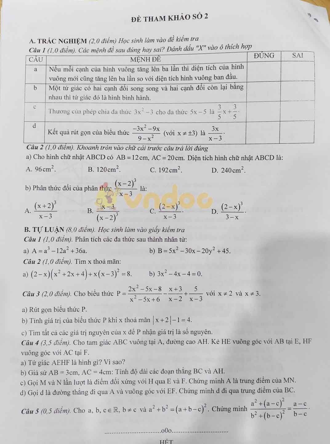 Đề cương ôn thi học kì 1 lớp 8 môn Toán Trường THCS Trưng Vương năm 2020 - 2021