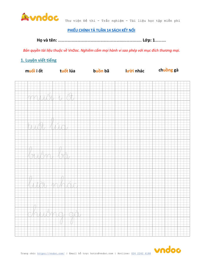 Phiếu chính tả lớp 1 tuần 14 sách Kết nối 
