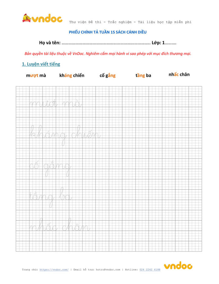 Phiếu chính tả lớp 1 tuần 15 sách Cánh Diều