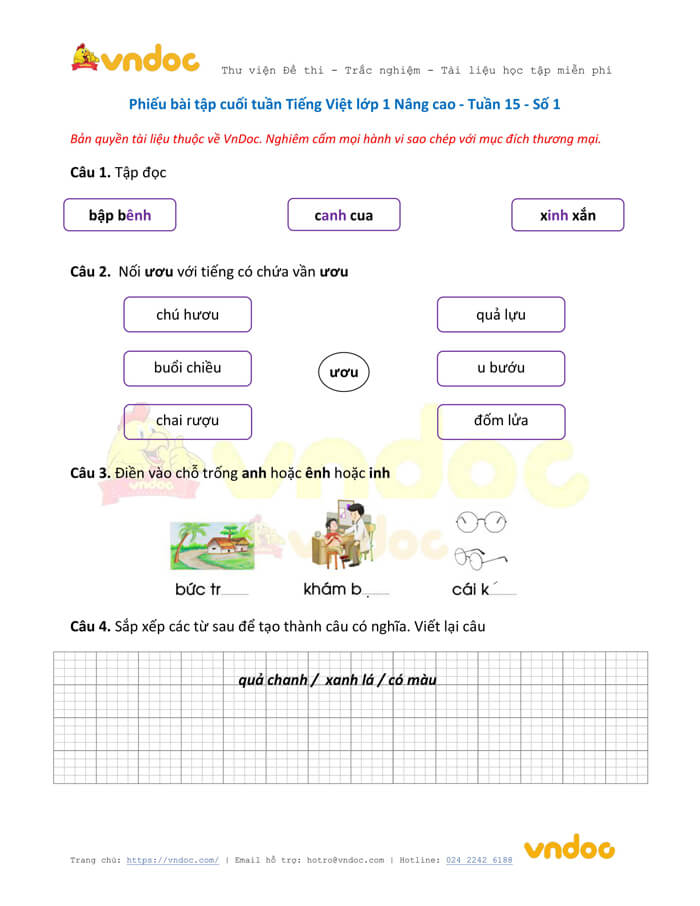 Phiếu bài tập cuối tuần Tiếng Việt lớp 1 Nâng cao - Tuần 15 - Số 1