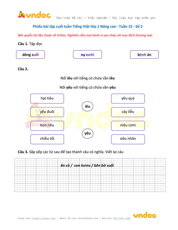 Phiếu bài tập cuối tuần Tiếng Việt lớp 1 Nâng cao - Tuần 15 - Số 2