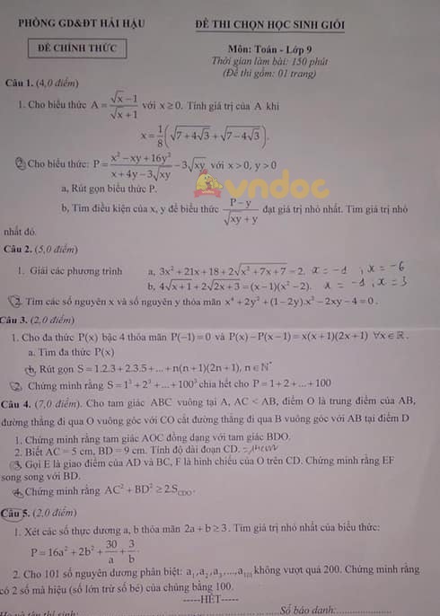 Đề thi chọn học sinh giỏi lớp 9 môn Toán Phòng GD&ĐT Hải Hậu năm 2020 - 2021