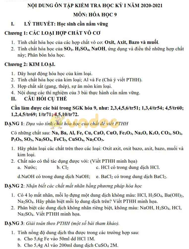 Đề cương ôn thi học kì 1 lớp 9 môn Hóa học năm 2020 - 2021