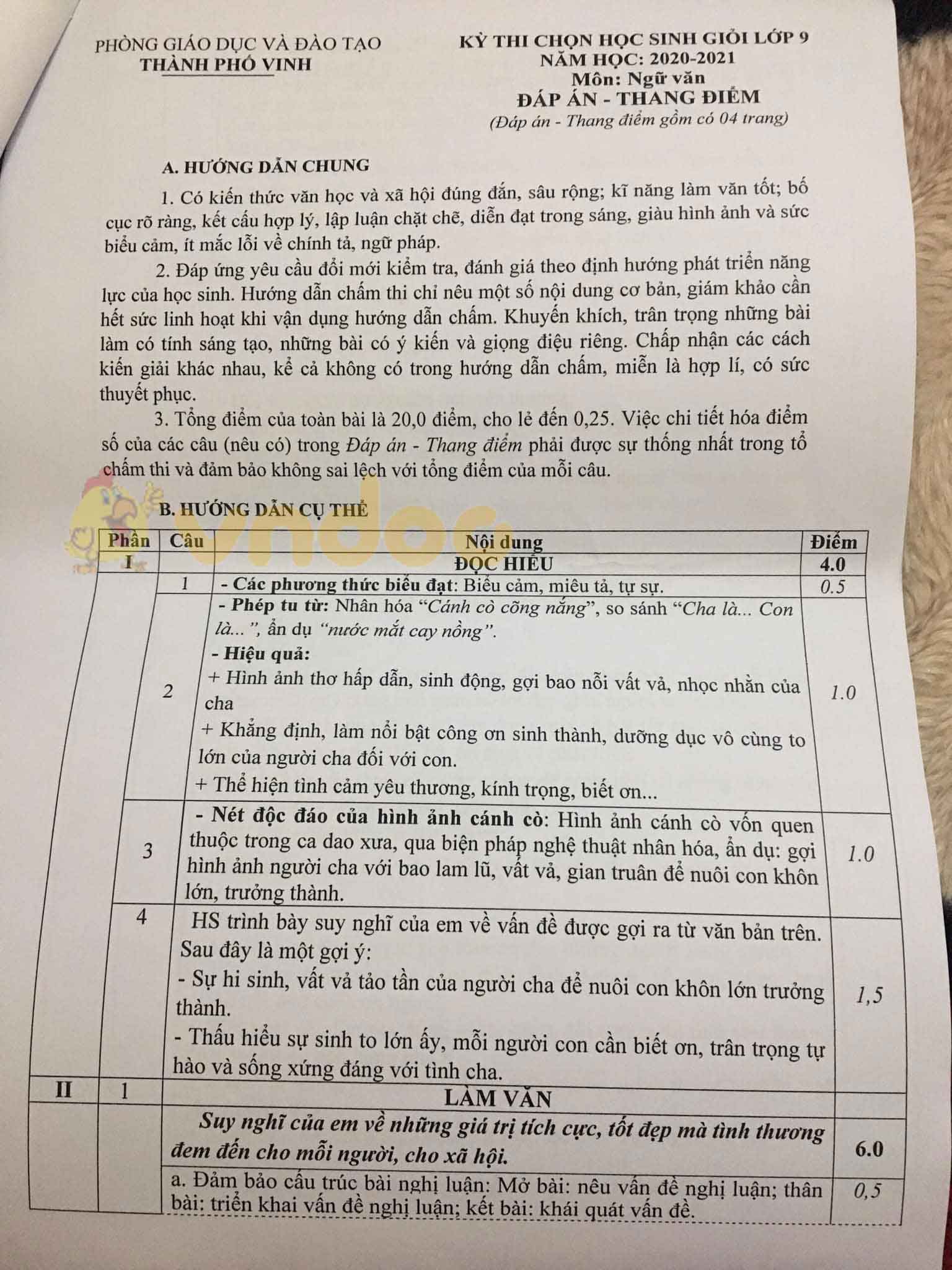 Đề thi chọn học sinh giỏi lớp 9 môn Ngữ văn Phòng GD&ĐT TP Vinh năm 2020 - 2021