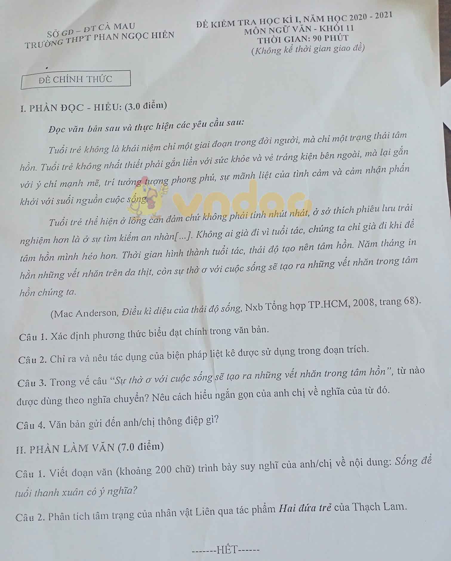 Đề thi học kì 1 Văn 11 Trường THPT Phan Ngọc Hiển, Cà Mau năm 2020 - 2021