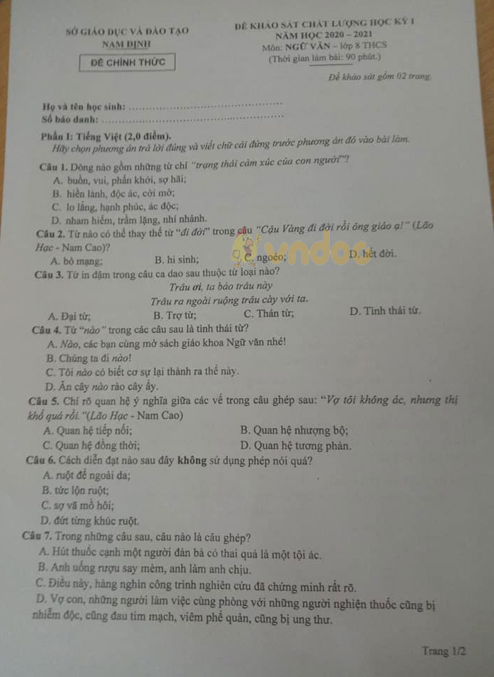 Đề thi học kì 1 Văn 8 Sở GD&ĐT Nam Định năm 2020 - 2021