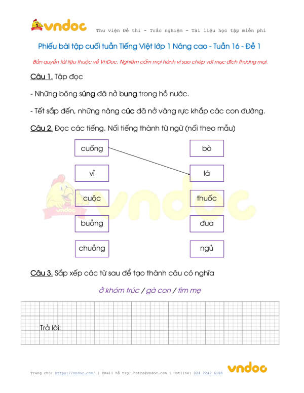 Phiếu bài tập cuối tuần Tiếng Việt lớp 1 Nâng cao - Tuần 16 - Đề 1