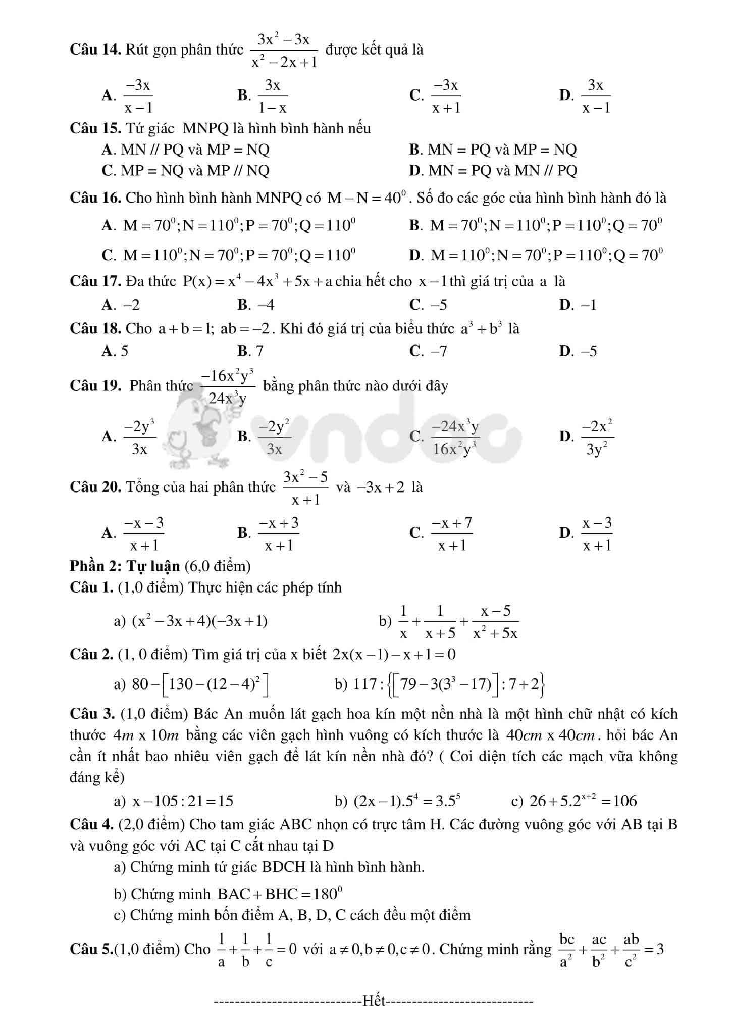 Đề thi học kì 1 Toán 8 Sở GD&ĐT Nam Định năm học 2020 - 2021