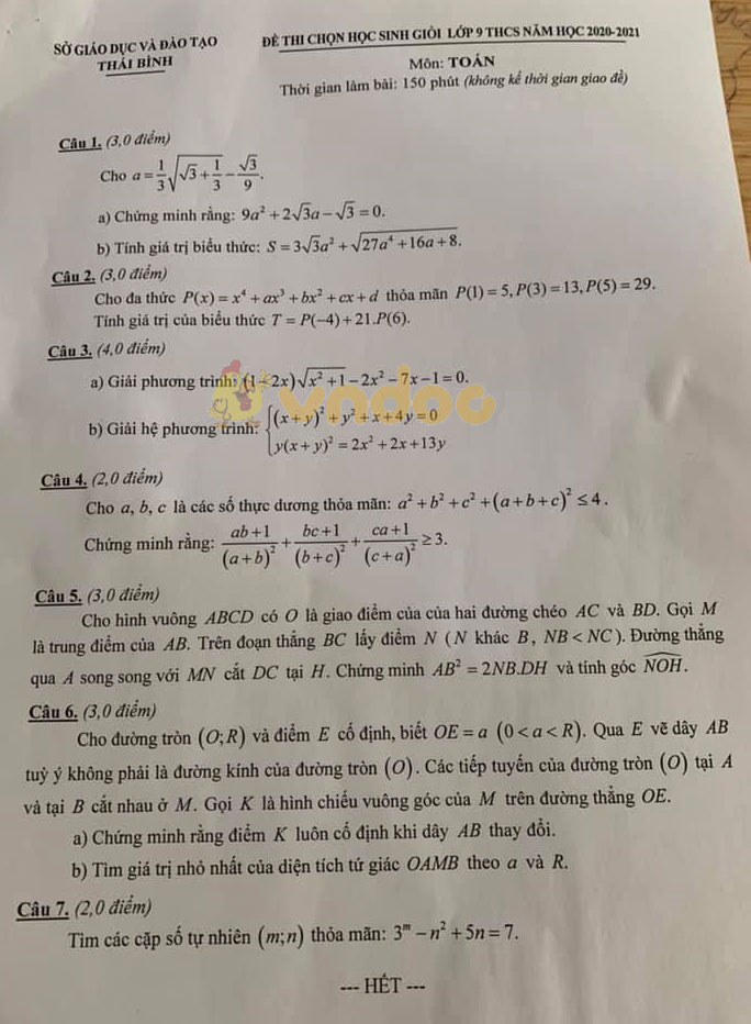 Đề thi chọn học sinh giỏi lớp 9 môn Toán Sở GD&ĐT Thái Bình năm 2020 - 2021