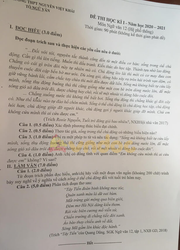 Đề thi học kì 1 Ngữ văn 12 năm 2020