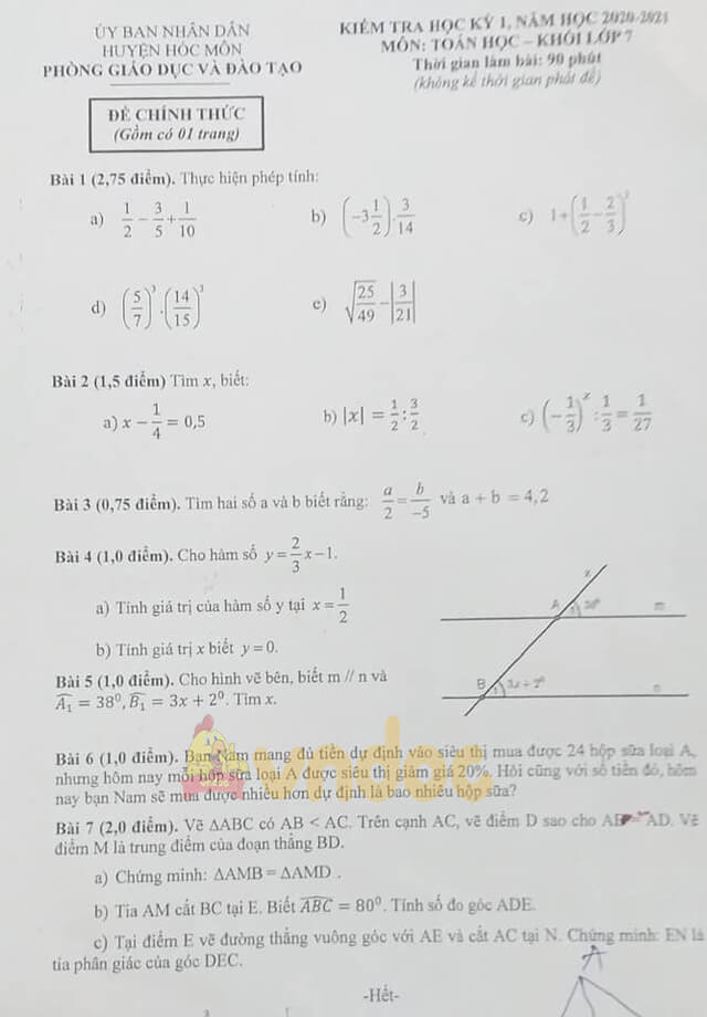 Đề thi học kì 1 lớp 7 môn Toán