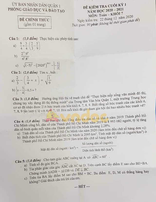 Đề thi học kì 1 lớp 7 môn Toán
