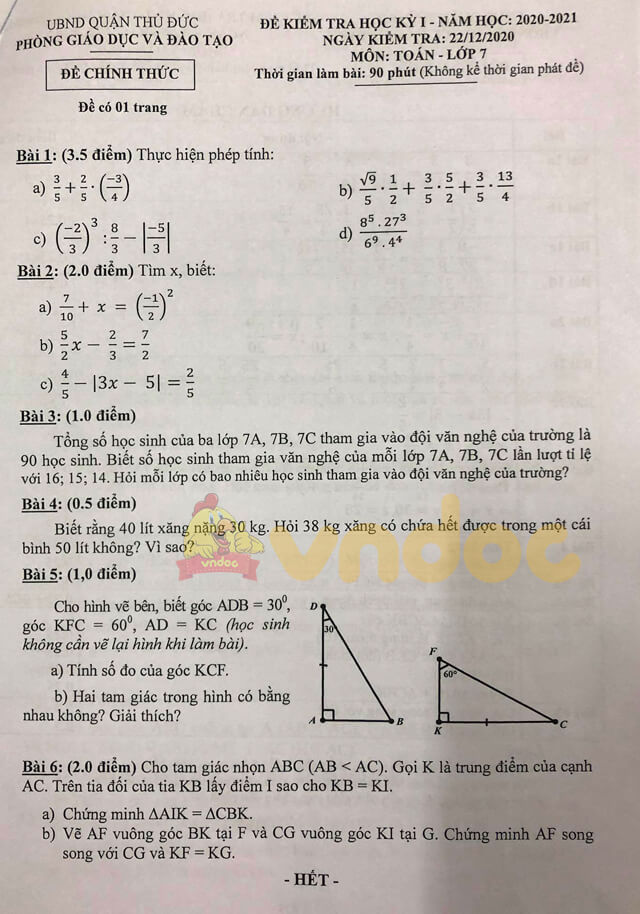 Đề thi học kì 1 lớp 7 môn Toán