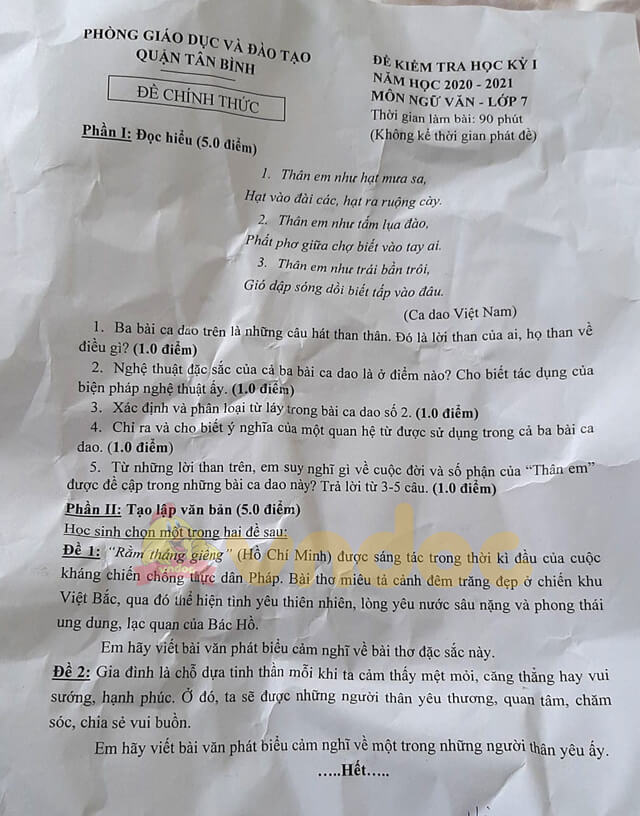 Đề thi học kì 1 Ngữ văn 7 năm 2020