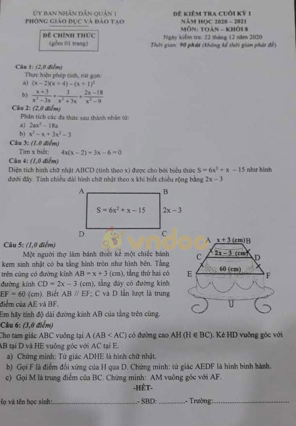 Đề thi học kì 1 Toán 8 Sở GD&ĐT Quận 1 năm học 2020 - 2021