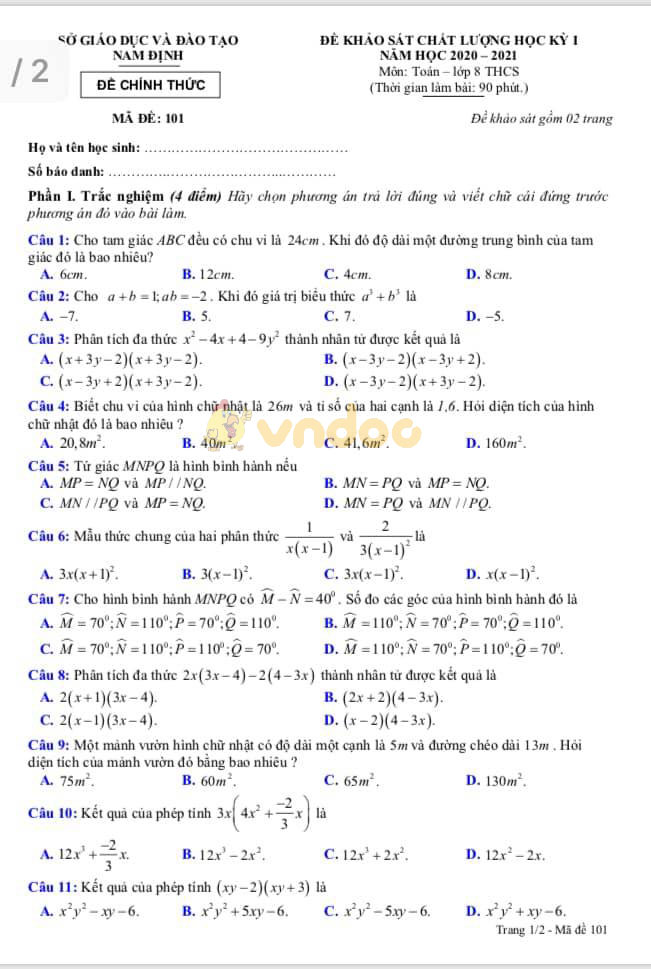 Đề thi học kì 1 Toán 8 Sở GD&ĐT Nam Định năm học 2020 - 2021
