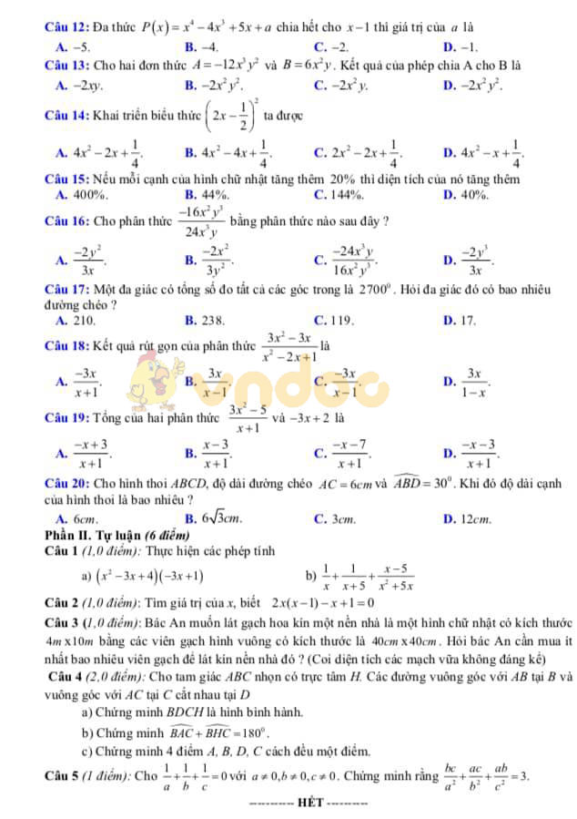 Đề thi học kì 1 Toán 8 Sở GD&ĐT Nam Định năm học 2020 - 2021