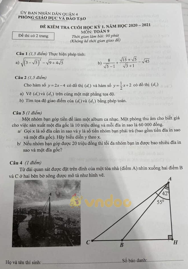 Đề thi học kì 1 Toán 9 Phòng GD&ĐT Quận 4 năm 2020 - 2021