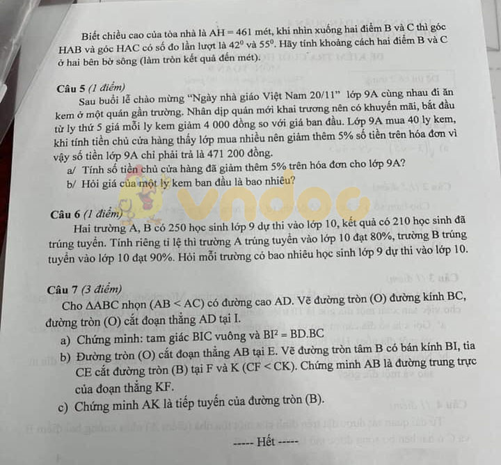Đề thi học kì 1 Toán 9 Phòng GD&ĐT Quận 4 năm 2020 - 2021