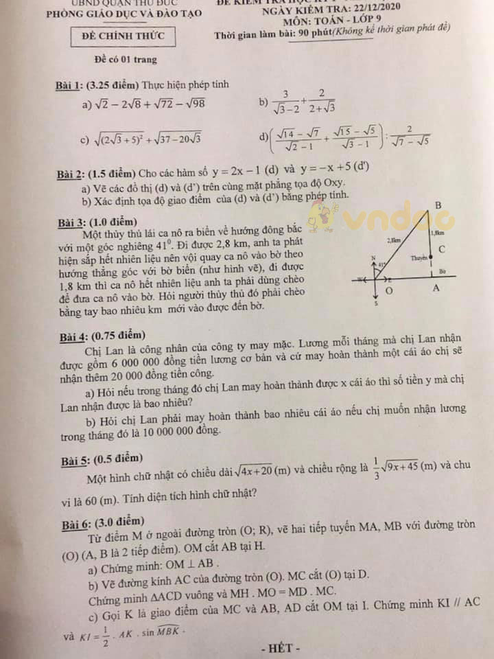 Đề thi học kì 1 Toán 9 Phòng GD&ĐT quận Thủ Đức năm 2020 - 2021