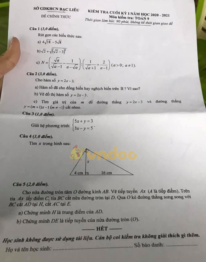 Đề thi học kì 1 Toán 9 Sở GDKHCN Bạc Liêu năm 2020 - 2021