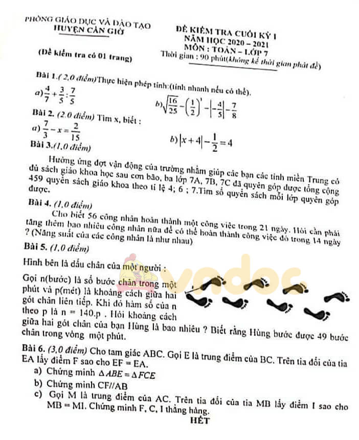 Đề thi học kì 1 lớp 7 môn Toán