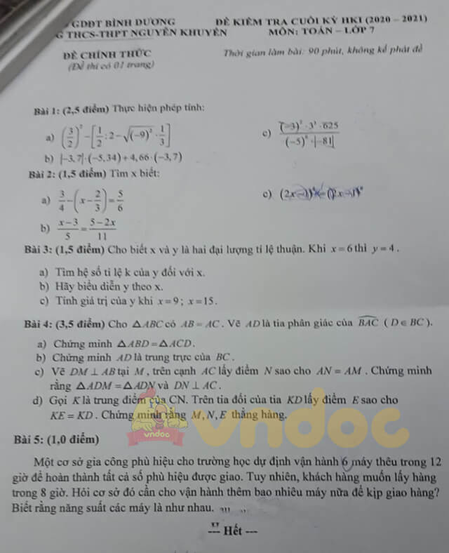 Đề thi học kì 1 lớp 7 môn Toán