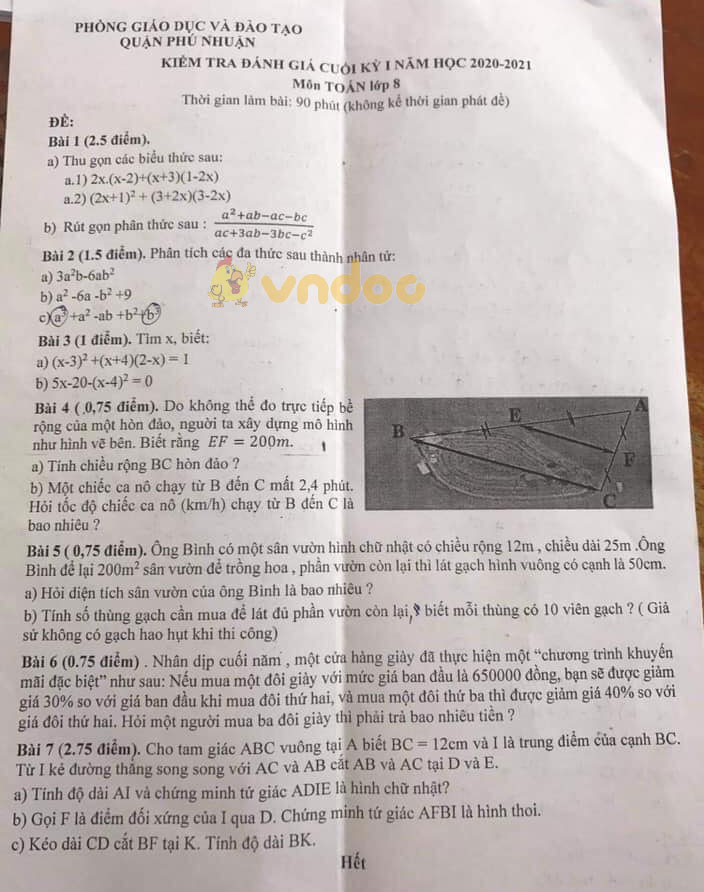 Đề thi học kì 1 Toán 8 Phòng GD&ĐT Quận Phú Nhuận năm 2020 - 2021