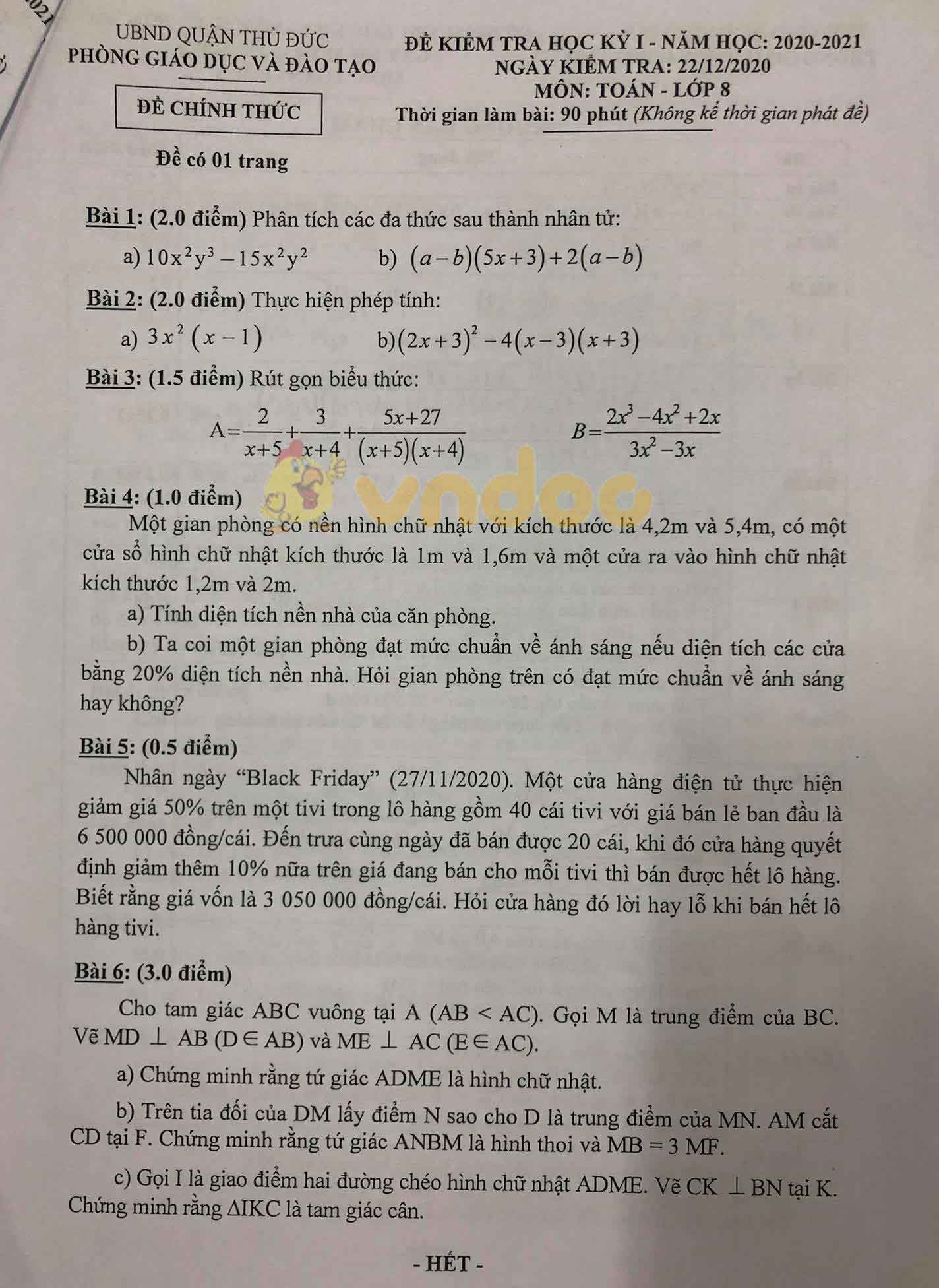 Đề thi học kì 1 Toán 8 Phòng GD&ĐT quận Thủ Đức năm 2020 - 2021